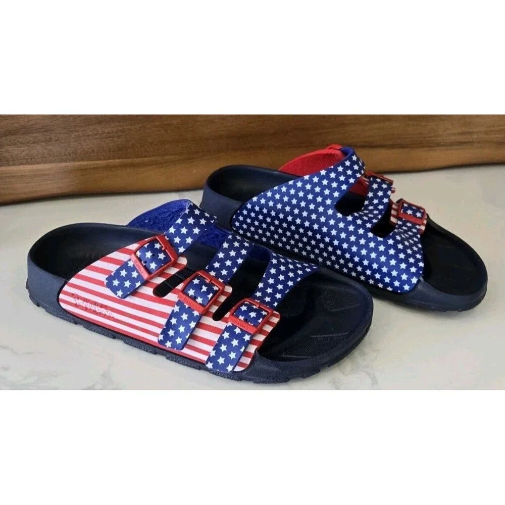 Birki’s Birkenstock Santiago Sandals 45 American Flag Stars Stripes 3 Strap Men